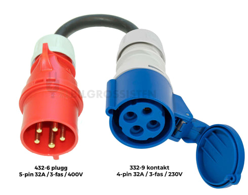 Ladekabel adapter — 32A/3-fas rød CEE støpsel (432-6) til 32A/3-fas blå CEE industrikontakt (332-9)