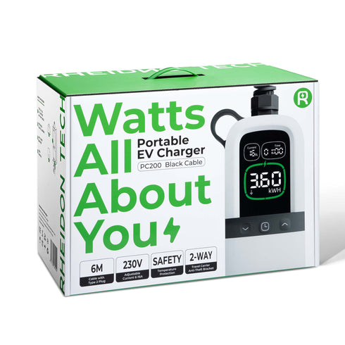 Rheidon Tech — Schuko til type 2 — justerbar ladekabel 6/10/13/16A — 1-fas — 3,6 kW