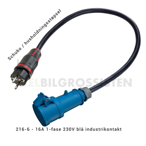 Schuko til 216-6 16A 1-fase 230V blå CEE industrikontakt - overgang - adapter - Elbilgrossisten