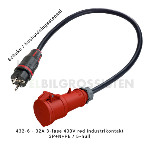 Schuko til 432-6 32A 3-fase 230V rød CEE industrikontakt - overgang - adapter - Elbilgrossisten