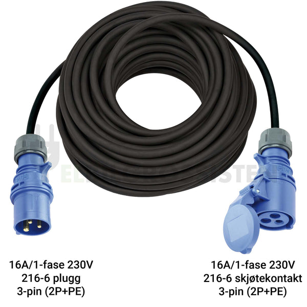 Skjøteledning - CEE - Industrikontakt - 216-6 plugg - 216-6 skjøtekontakt - Elbilgrossisten
