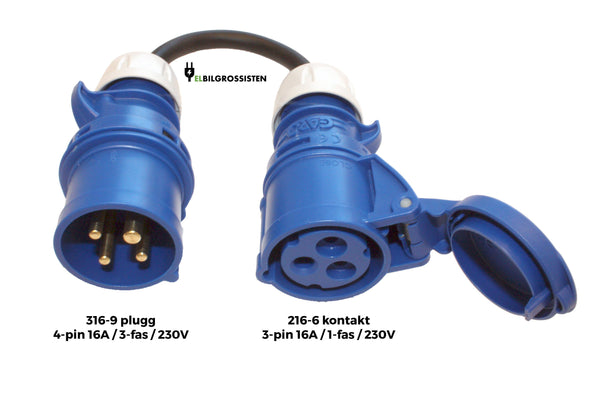 Ladekabel adapter — 16A/3-fas blå CEE støpsel (316-9) til 16A/1-fas blå CEE industrikontakt (216-6)