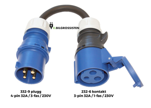 Industrikontakt / Industriplugg / Adapter / overgang - 32A 3-fase 230V til 32A 1-fase 230V - 332-9 til 232-6 - Elbilgrossisten