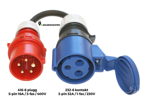 Ladekabel adapter — 16A/3-fas rød CEE støpsel (416-6) til 32A/1-fas blå CEE industrikontakt (232-6)