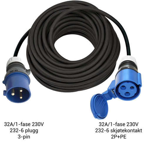 Skjøteledning - CEE - Industrikontakt - 232-6 plugg - 232-6 skjøtekontakt - Elbilgrossisten
